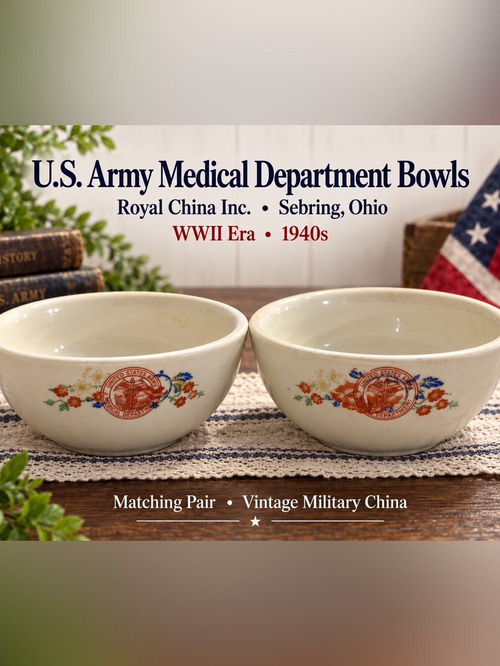 Vintage Royal China US Army Medical Department WWII 1940s Bowls Pair